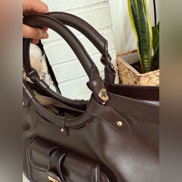 JIMMY CHOO Tahula Dark Brown Leather Gold Hardware Satchel Shoulder Bag Tote - Picture 5 of 16